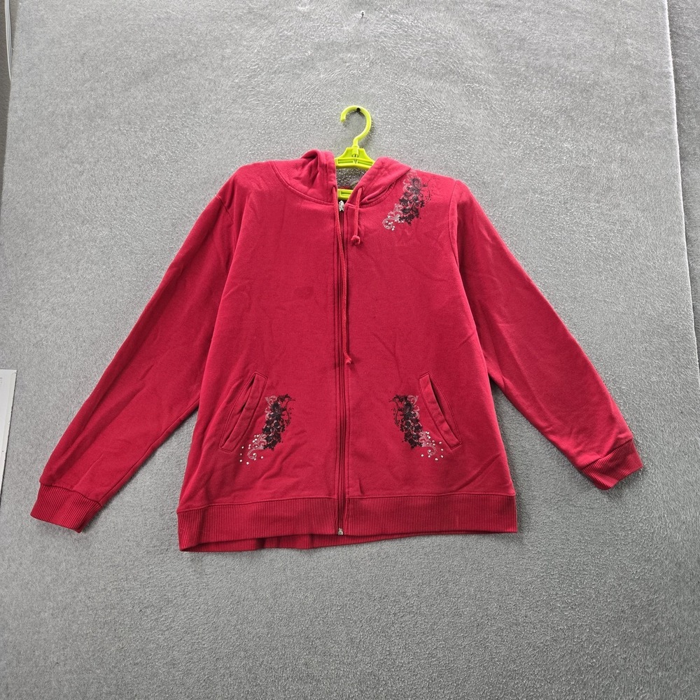 Bit & Bridle Women‎ Hoodie L Red Embroidered Rhinestones Fleece Floral Design